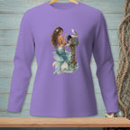 Mermaid at a mailbox with a seagull, long-sleeve lavender t-shirt graphic.