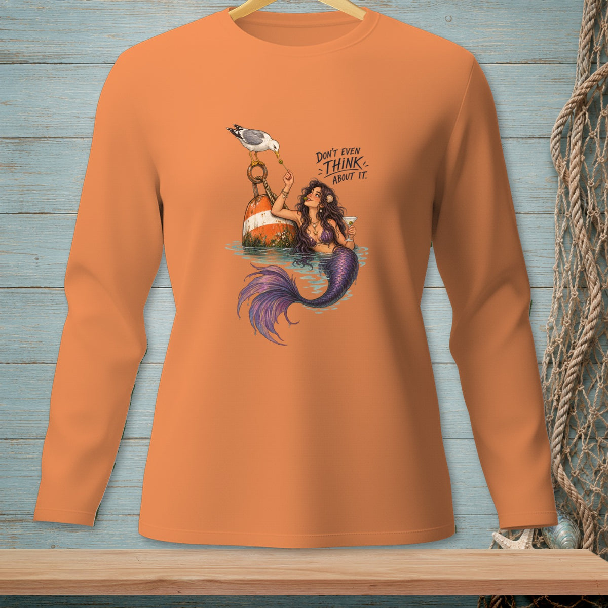 Mermaid with seagull and drink, text reads "Don't even think about it".