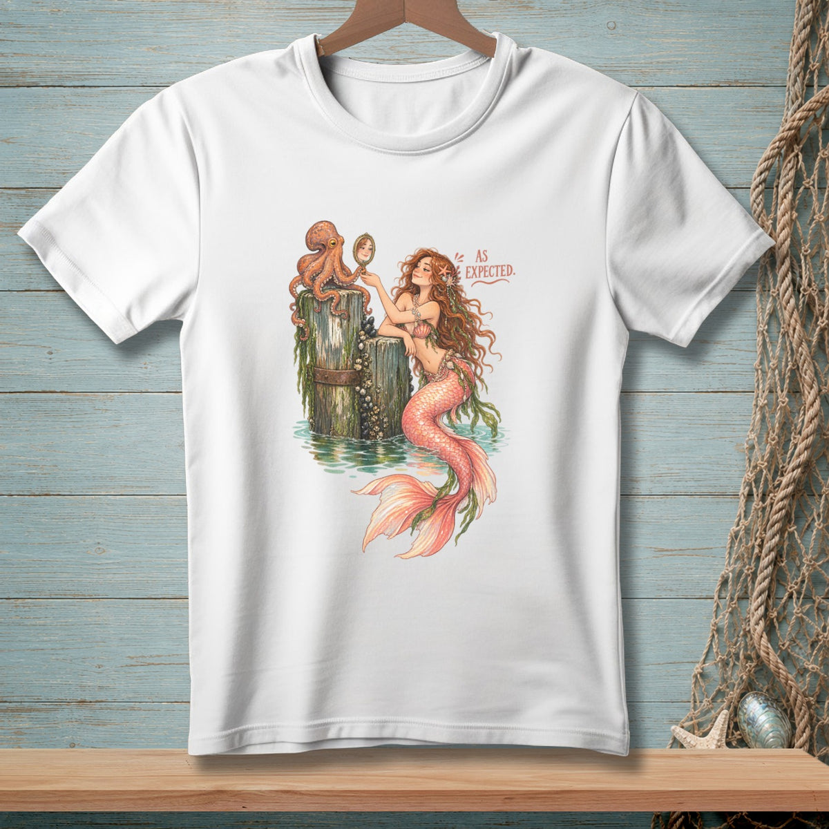 Mermaid with octopus looks in mirror with text "As Expected."