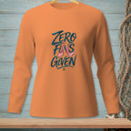 Orange long-sleeve shirt with "Zero Fins Given" graphic and mermaid tail.