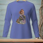 Long-sleeved purple shirt with a mermaid sitting on rocks, holding a seashell.