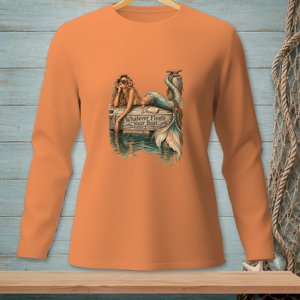 Orange long-sleeve shirt with mermaid graphic and text "Whatever Floats Your Boat".