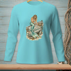Mermaid sitting on a boat filled with seashells and a basket of treasures.