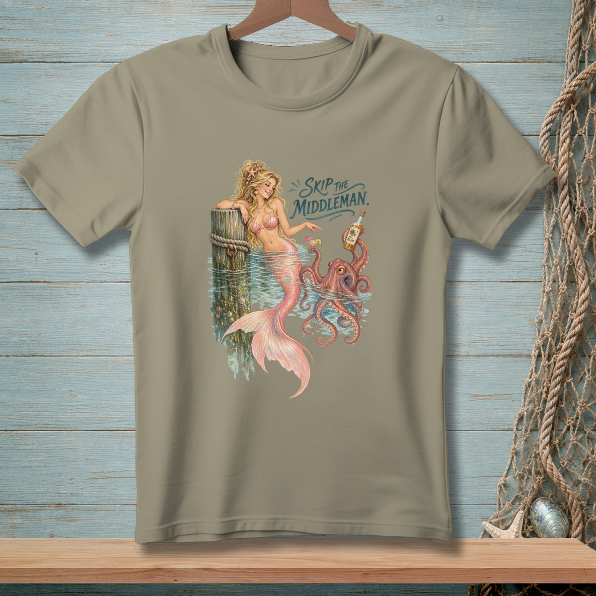 Mermaid and octopus with rum bottle and text "Skip the Middleman."