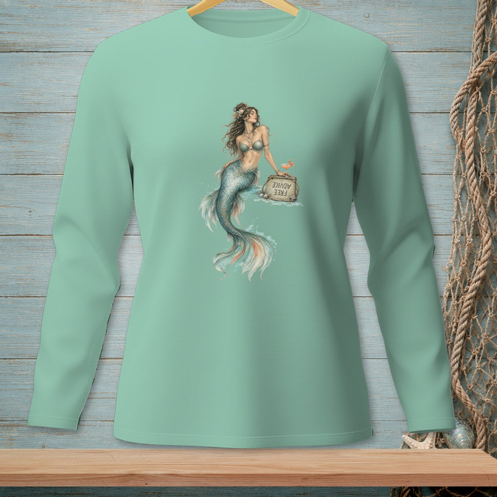 Mint green long sleeve shirt with a mermaid graphic and "FREE ADVICE" sign.