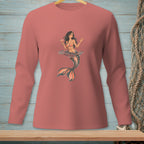 Long-sleeved pink shirt with a mermaid graphic holding a martini, reading "Hard Pass".