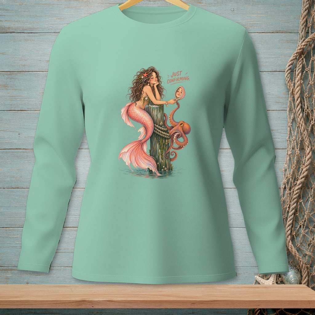 Mermaid looking in a mirror with text "Just Confirming" and an octopus.