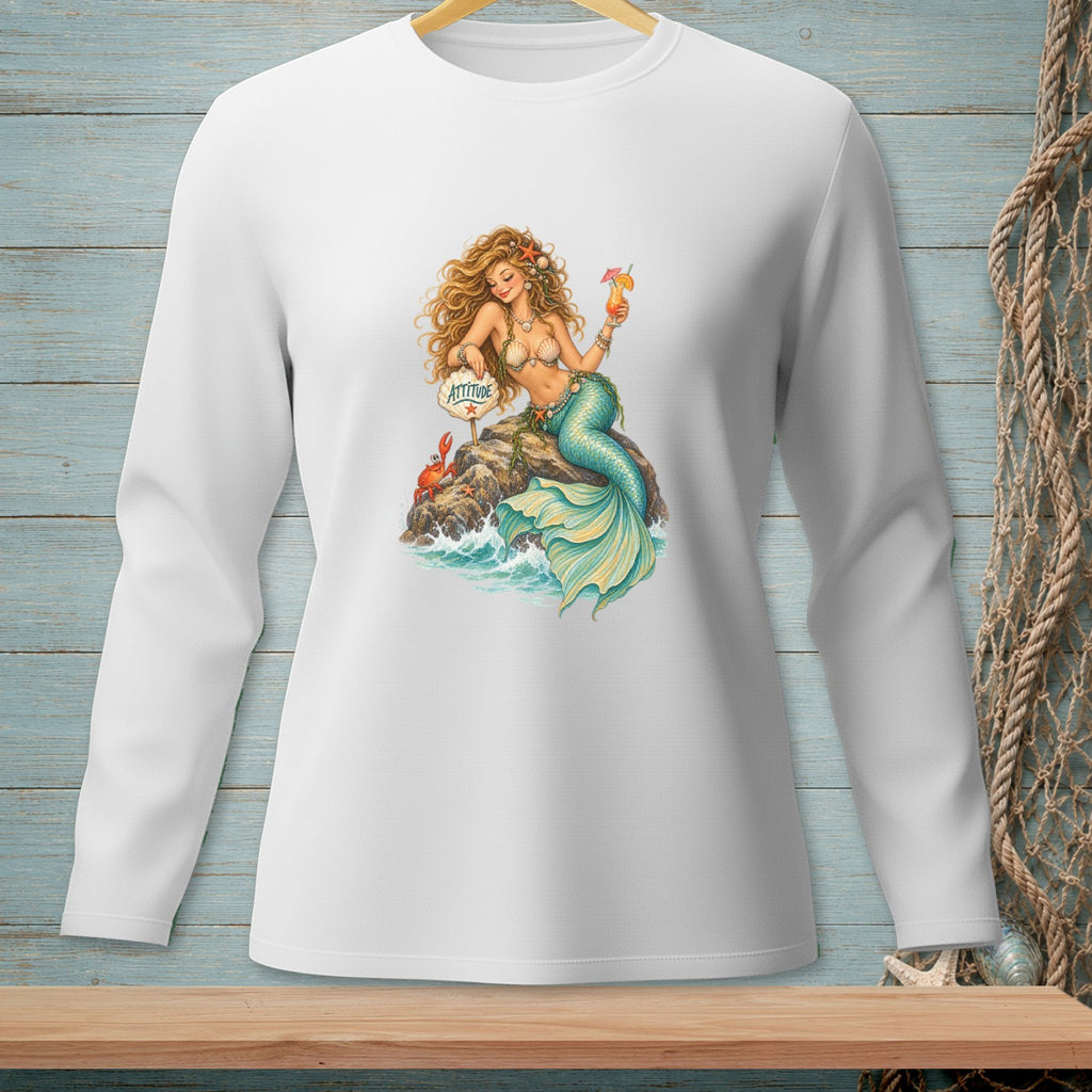 Mermaid with cocktail and "Attitude" sign sits on rock near crabs and starfish.