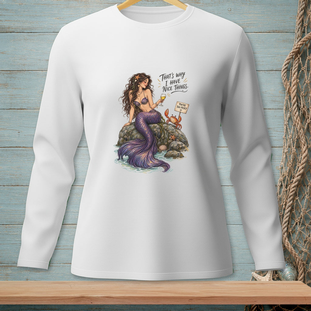 Mermaid with crab and drink, text "That's why I have nice things."