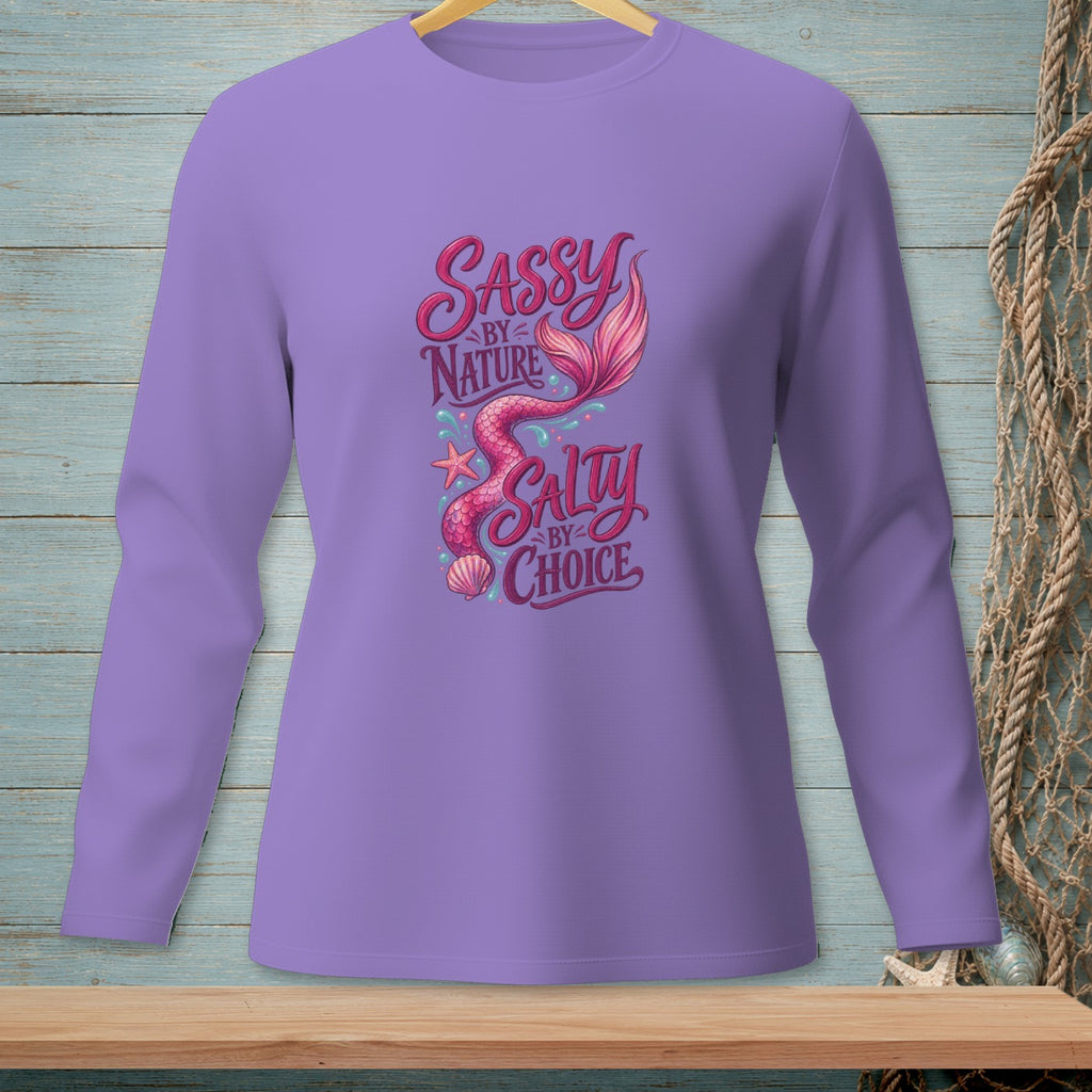Purple long sleeve shirt with mermaid tail and text Sassy by Nature Salty by Choice.