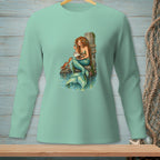 Mermaid holding seashells with chocolate and a crab beside a wooden post.