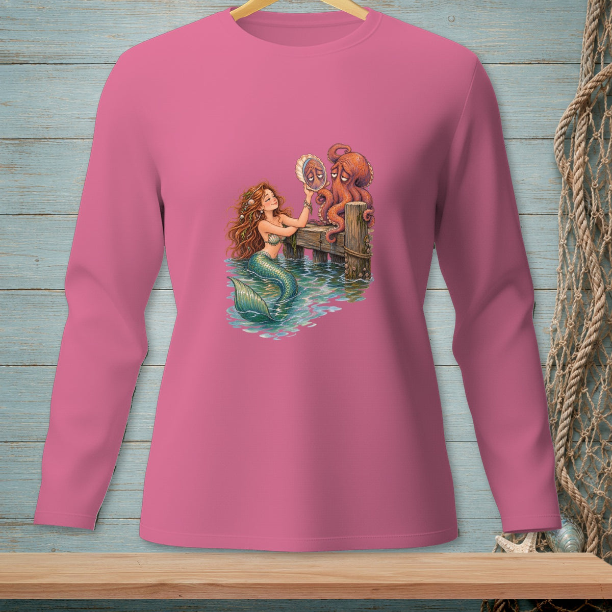 Mermaid holding seashell for sad octopus on a wooden pier.