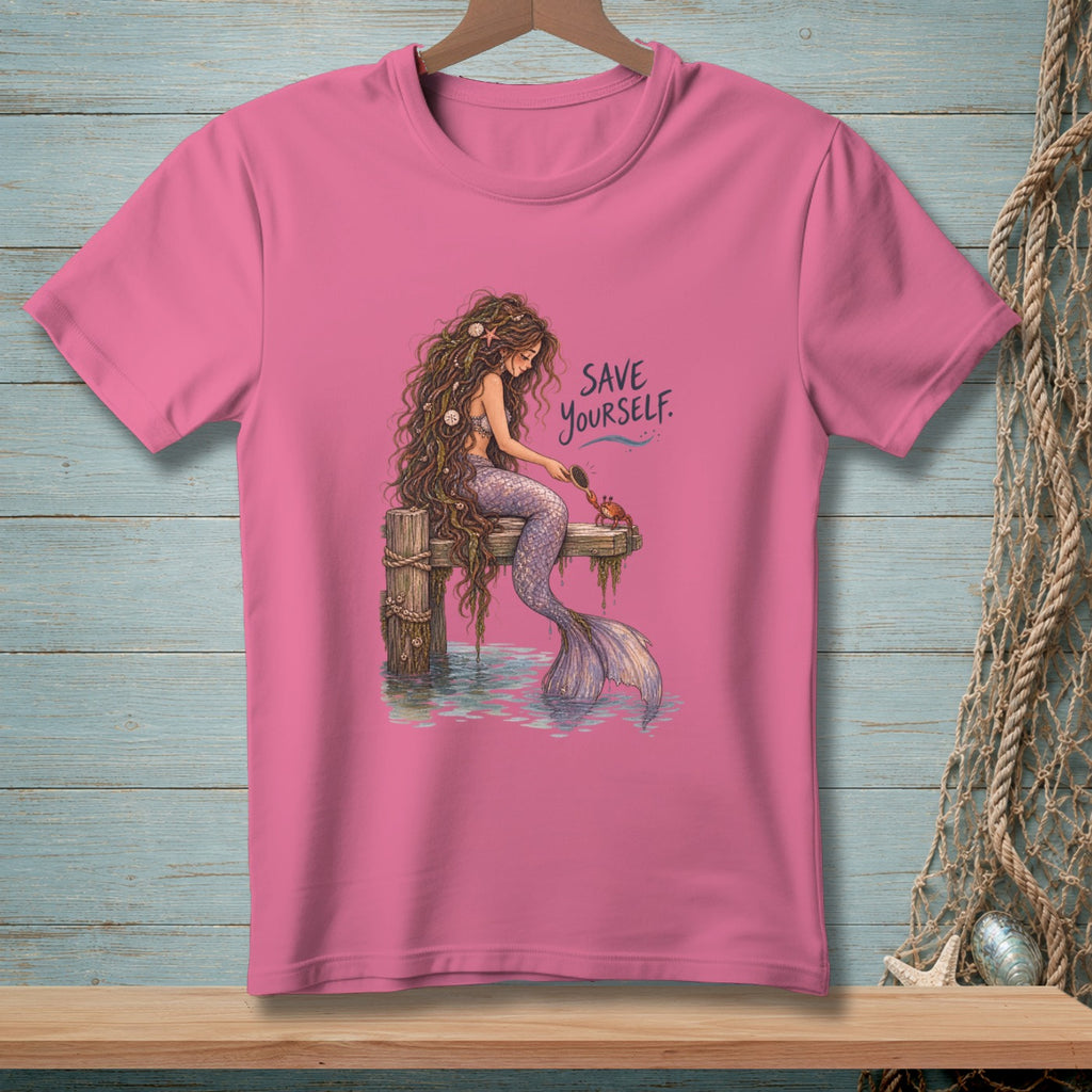 Pink t-shirt with illustration of a mermaid and the text "SAVE YOURSELF".