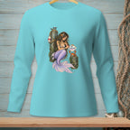 Mermaid by a dock, holding a sign that says "Be Interesting".