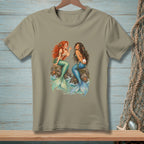 Two mermaids sit on rocks surrounded by water, one with red hair holding a pearl.