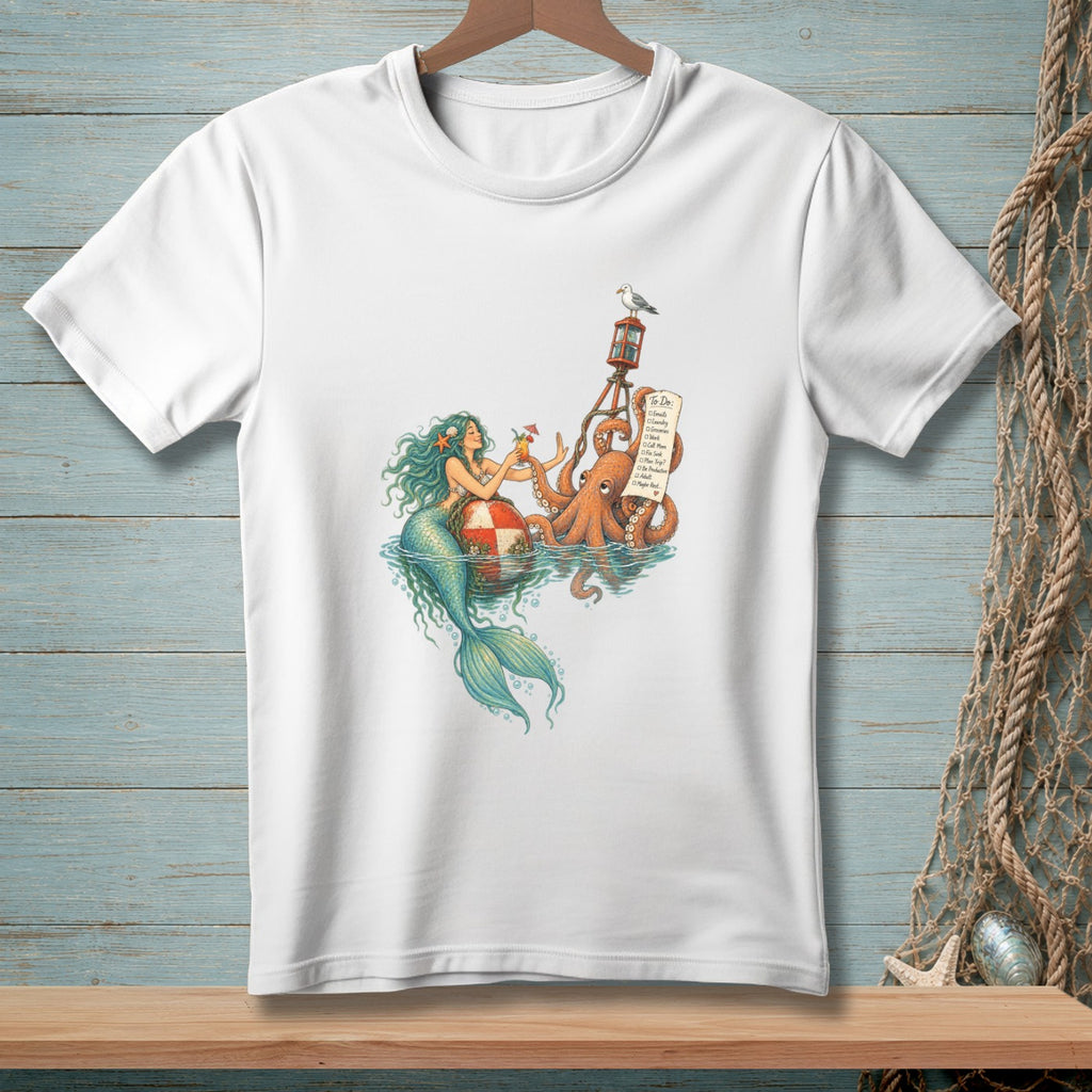Mermaid and octopus on a buoy with a "To Do" list and a seagull.