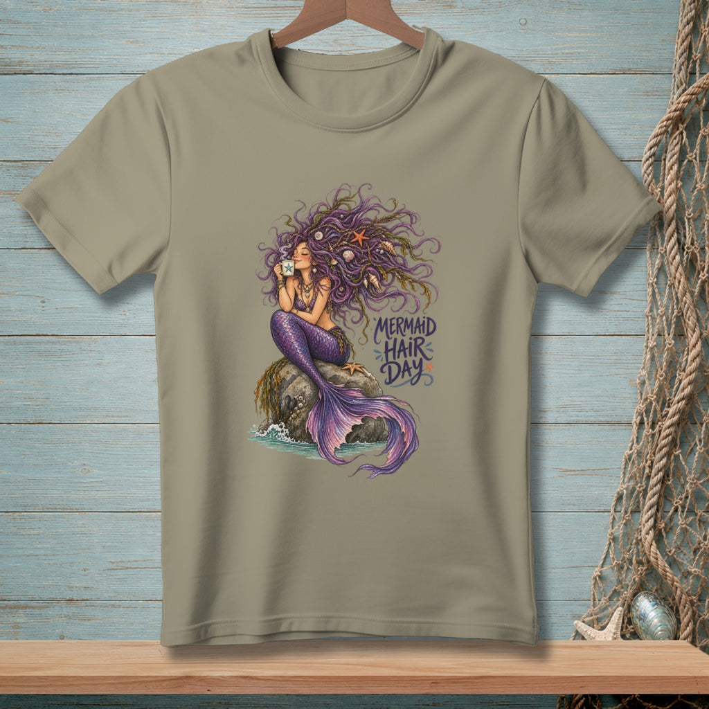 T-shirt with a mermaid drinking coffee and the text "Mermaid Hair Day."