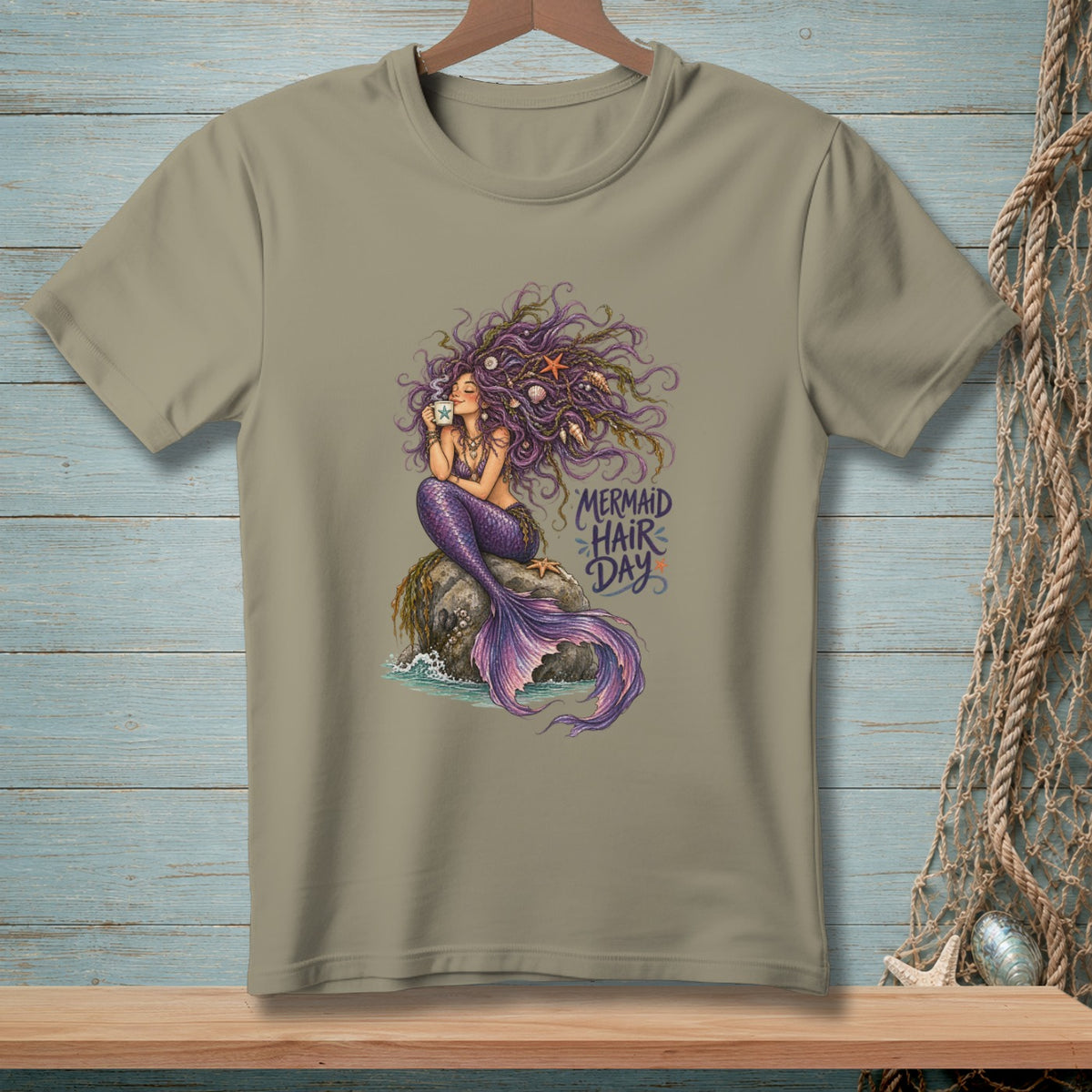 T-shirt with a mermaid drinking coffee and the text "Mermaid Hair Day."