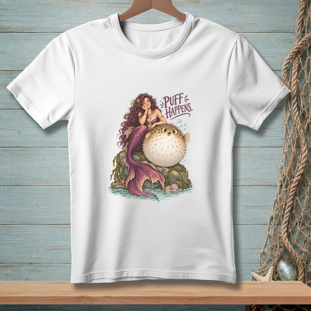 Illustration of a mermaid with a pufferfish, "Puff Happens" text on white t-shirt.