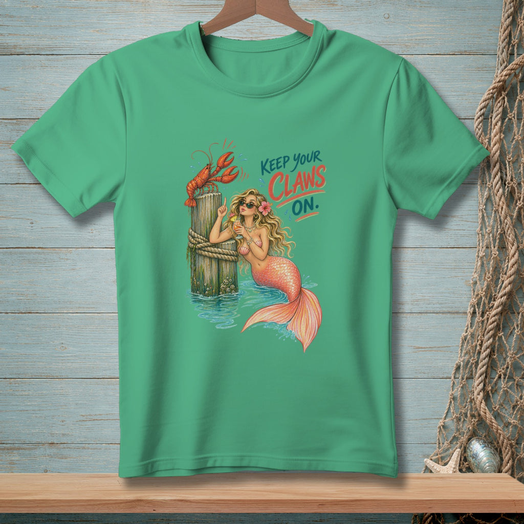 Teal t-shirt with mermaid and lobster graphic, text reads "Keep Your Claws On."