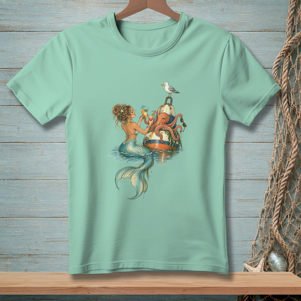 Mermaid, octopus, and seagull with drinks on a buoy in water.