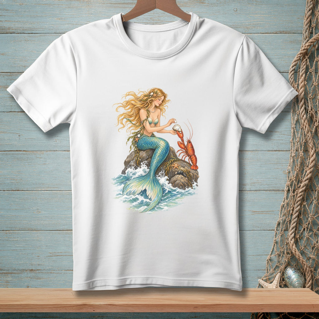 Illustration of a mermaid holding a pearl next to a lobster on a rock.