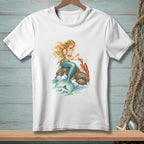 Illustration of a mermaid holding a pearl next to a lobster on a rock.