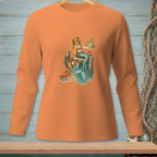 Mermaid and crab on a pier with a tropical island in the background.