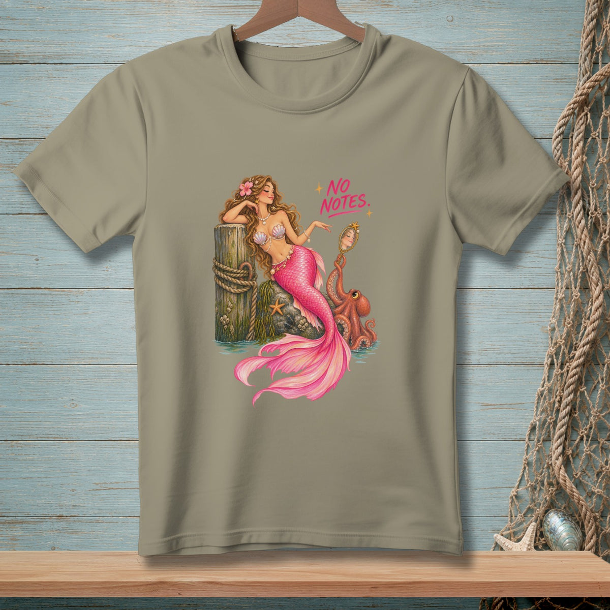 T-shirt graphic with mermaid, octopus, and text "NO NOTES."