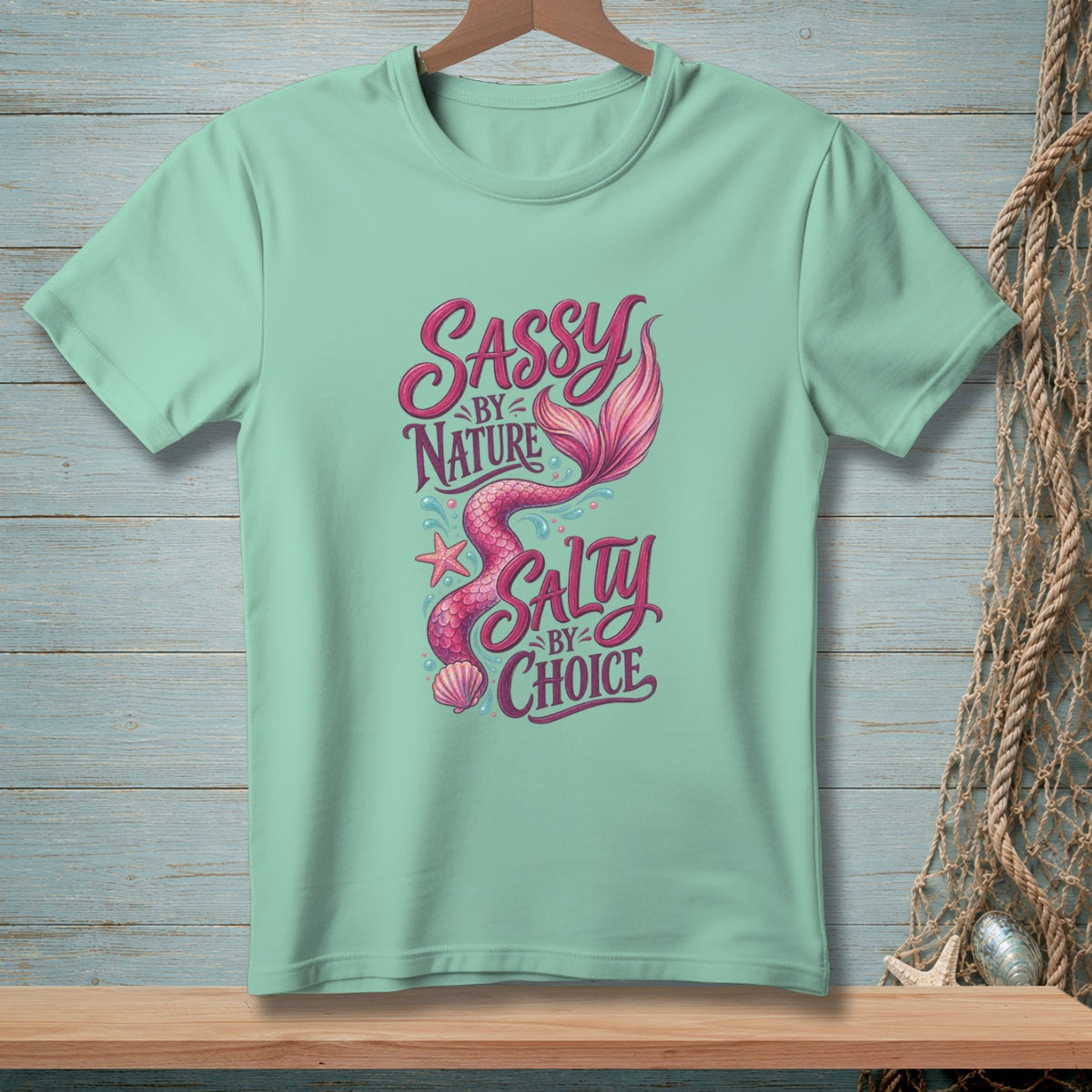 Mint green t-shirt with mermaid graphic and text "Sassy by Nature Salty by Choice".