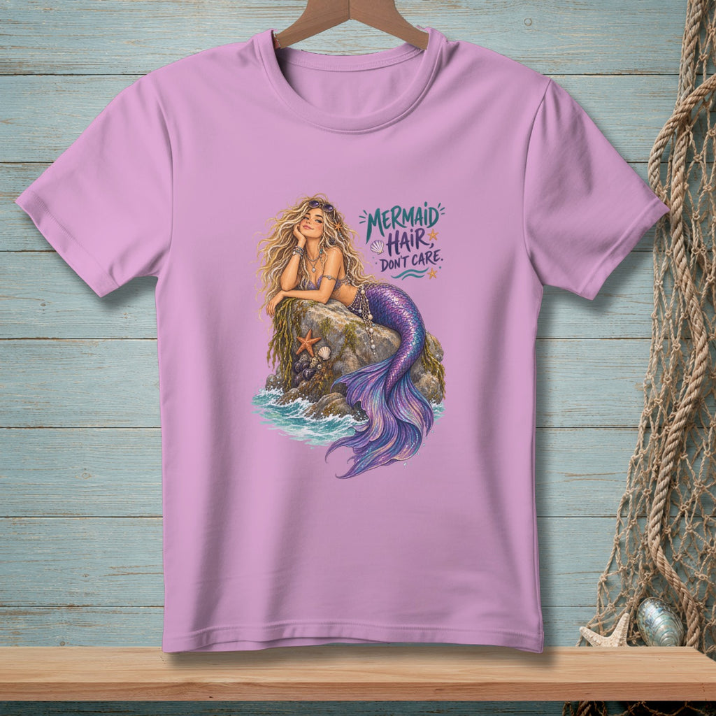 Purple t-shirt with a mermaid graphic and "Mermaid Hair Don't Care" text.