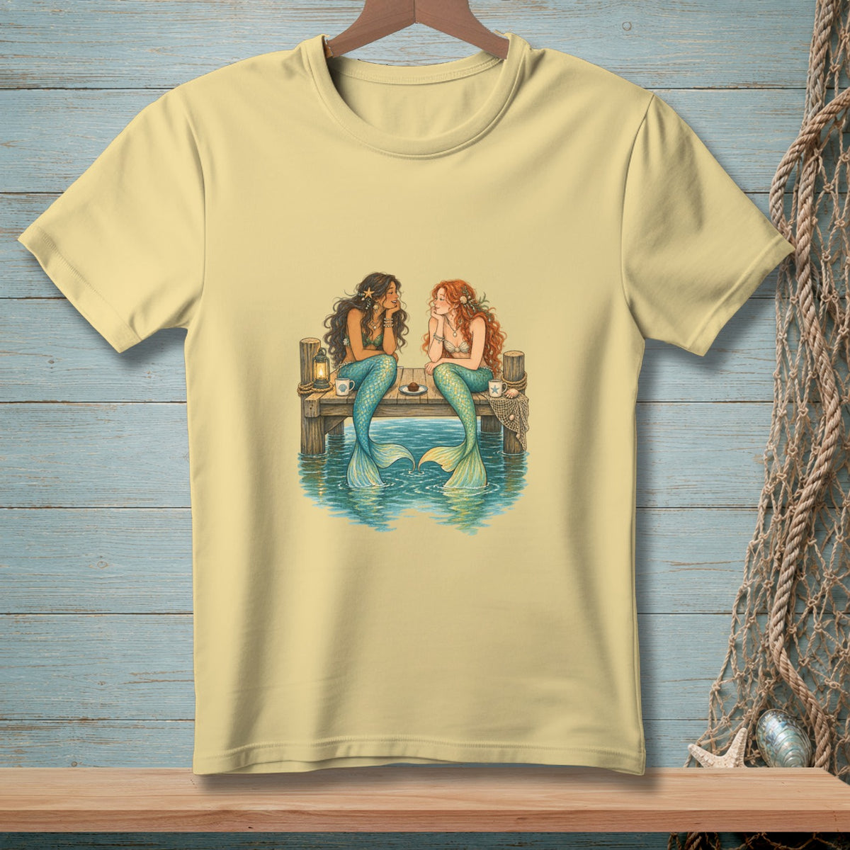 Two mermaids sit on a dock with coffee cups, tails in water.