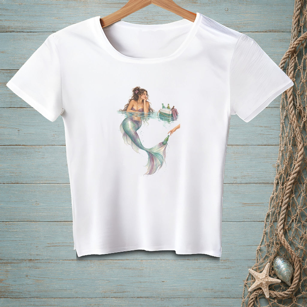 White t-shirt with a watercolor graphic of a mermaid reaching for a drink.