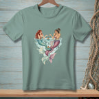 Two mermaids with colorful tails enjoy desserts in the water.