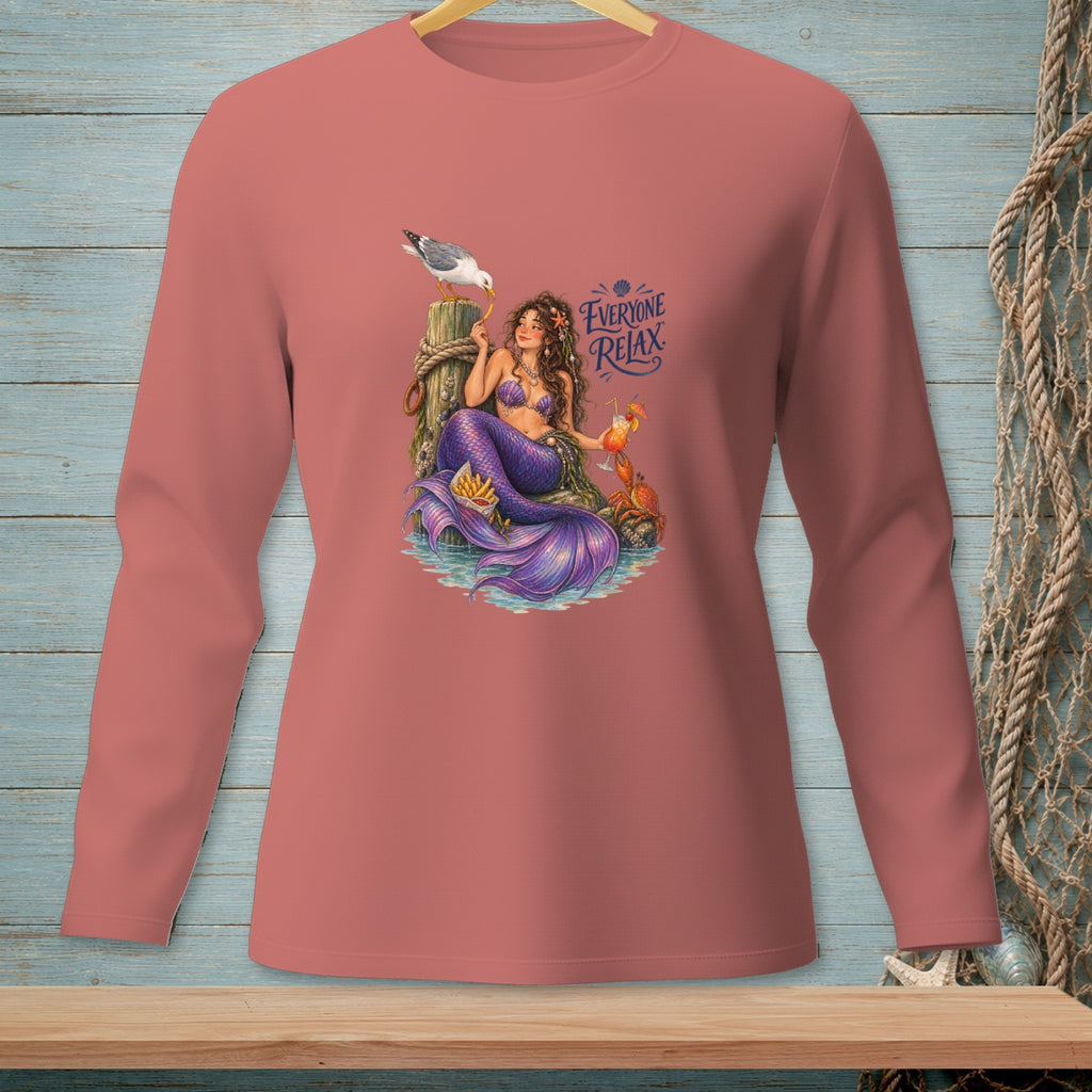 Mermaid with purple tail, seagull, and cocktails, text "EVERYONE RELAX".