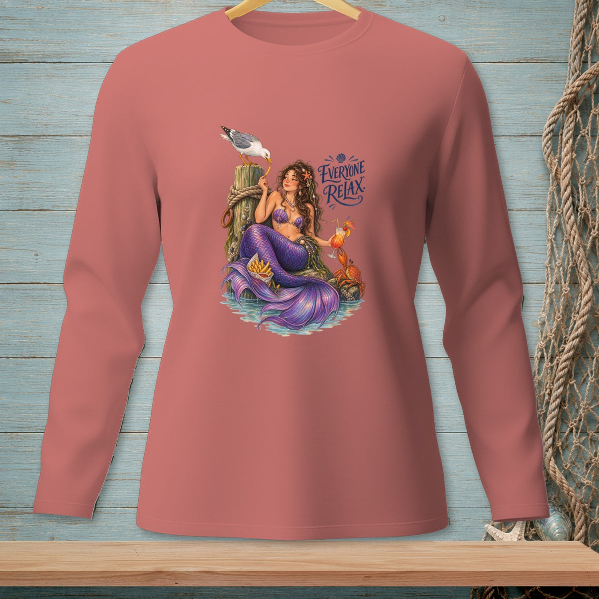 Mermaid with purple tail, seagull, and cocktails, text "EVERYONE RELAX".