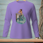 Mermaid resting on dock with "Please Use Stairs" sign and detailed tail.