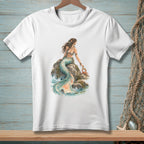 White t-shirt with watercolor mermaid on a rock with a crab.