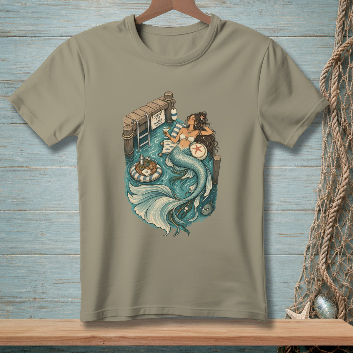 Mermaid relaxing by dock with "Share the Water" sign and cocktail.