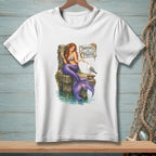 Mermaid on a dock with wine, seagull, and sign saying "Thoughts and Prayers."