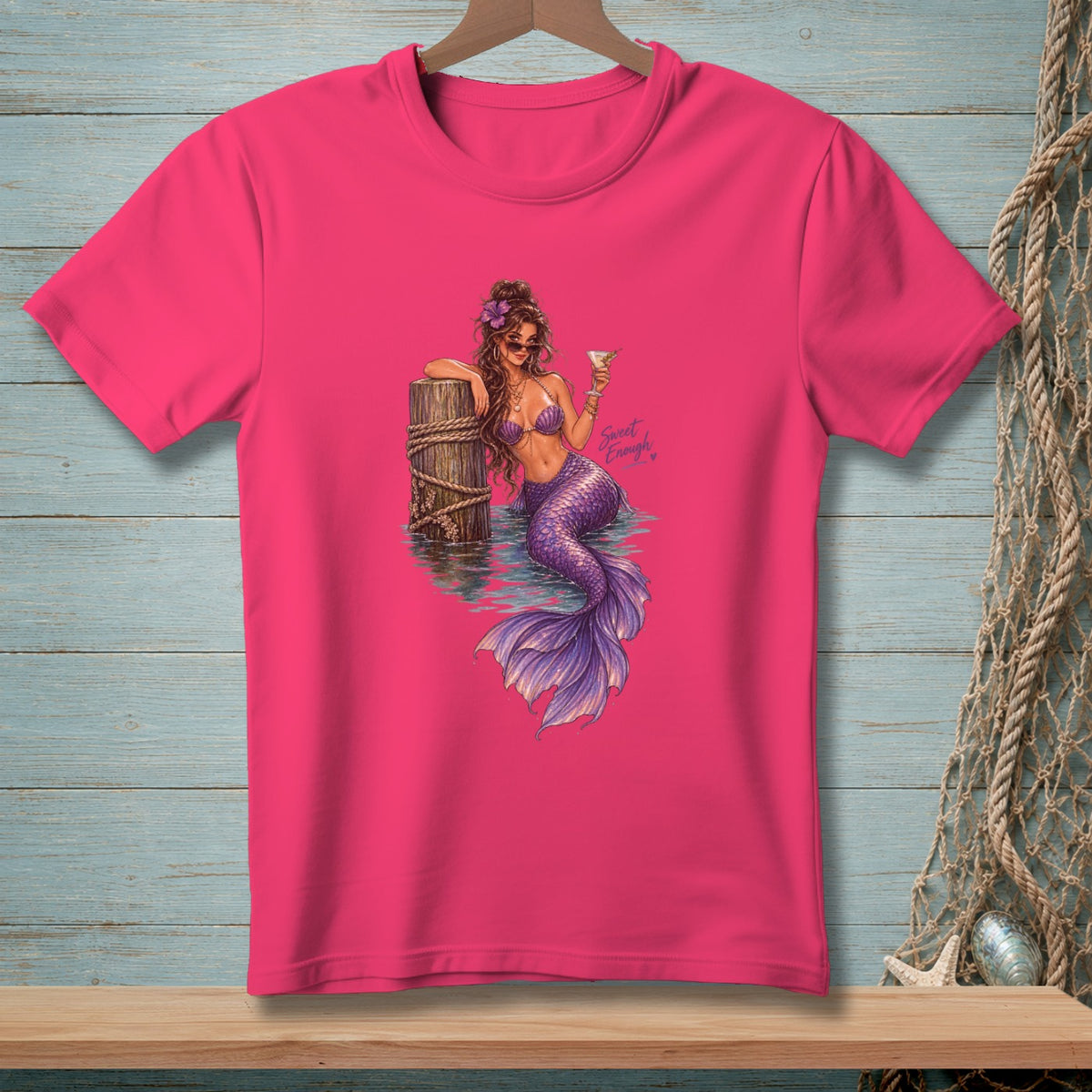 Pink t-shirt with a mermaid holding a cocktail and text "Sweet Enough".
