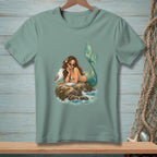 Mermaid on a rock with a seagull, eating from a plate.