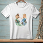 White t-shirt with two mermaids sitting on rocks.