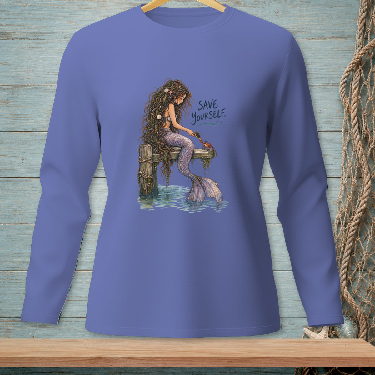 Long-sleeve shirt with mermaid and crab graphic with text "Save Yourself."