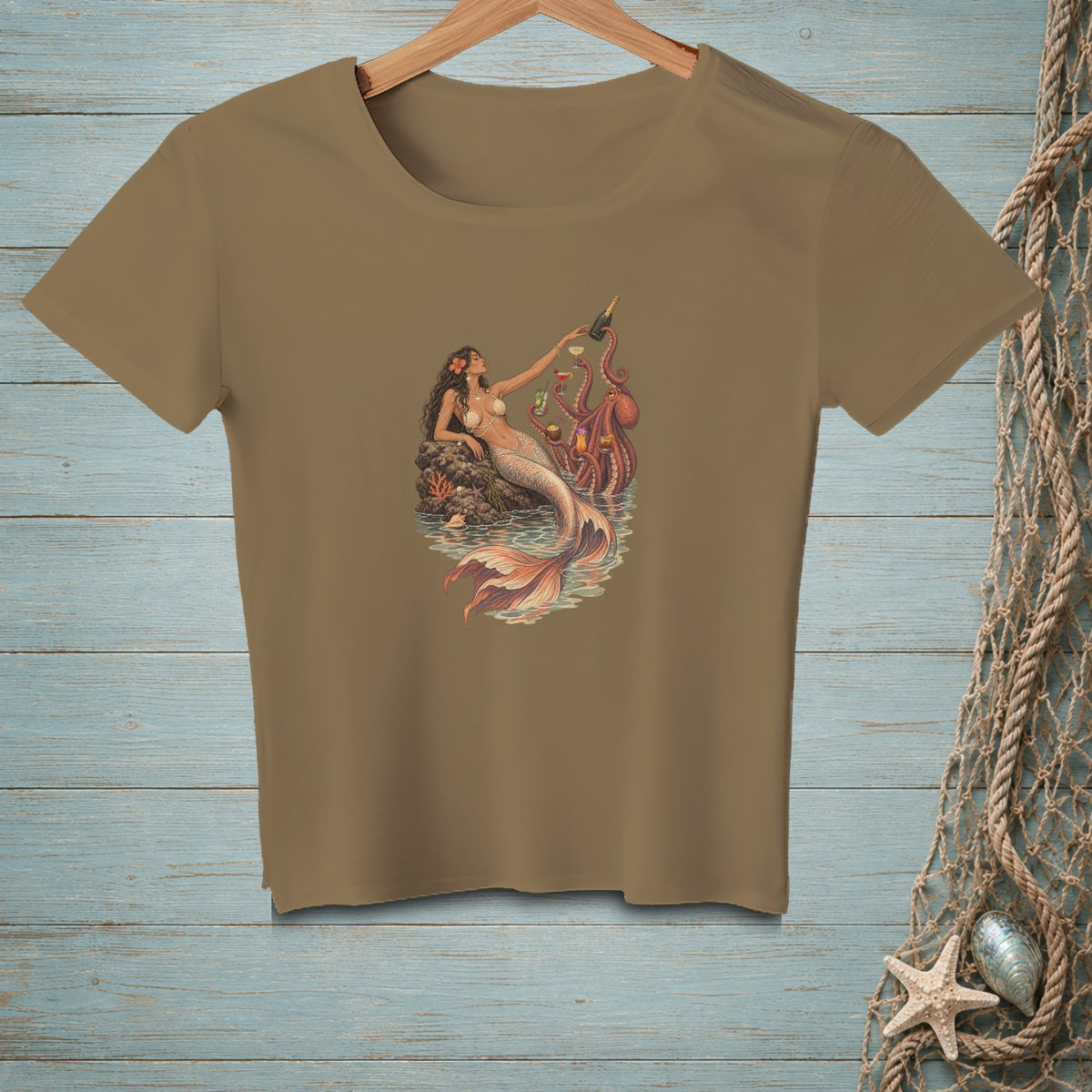 T-shirt with mermaid pouring champagne next to an octopus and cocktails.