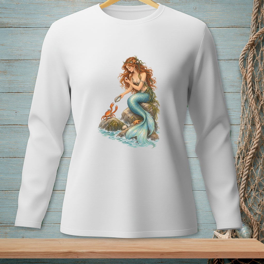 Long-sleeve white shirt with a graphic of a mermaid and crab on a rock.