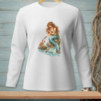 Long-sleeve white shirt with a graphic of a mermaid and crab on a rock.