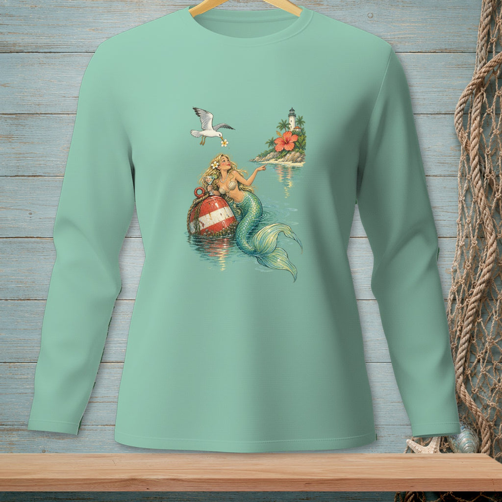 Mermaid on buoy with seagull, hibiscus, and lighthouse on island.