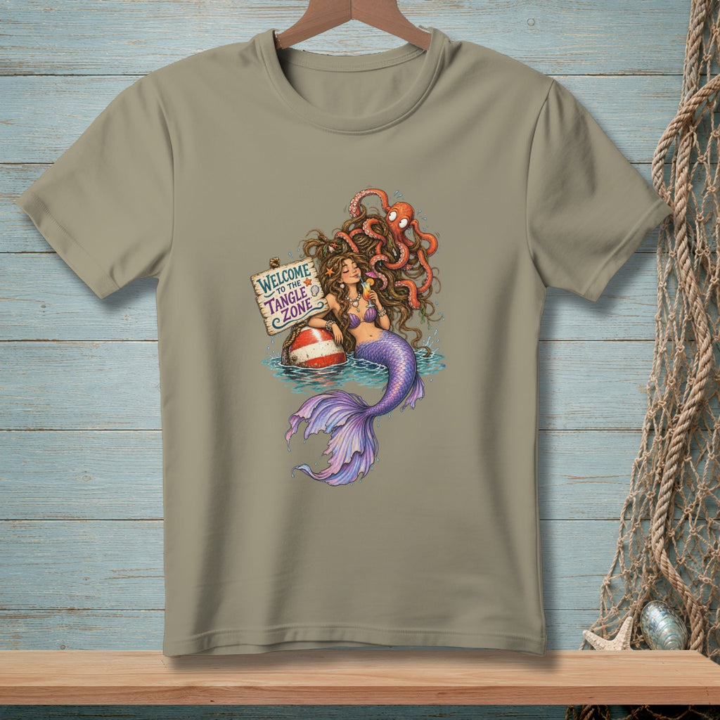 Mermaid with octopus and buoy holding sign "Welcome to the Tangle Zone".