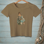 Illustration of a mermaid on a dock with fish reflected in the water.
